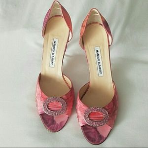 NWOT Vintage Manolo Blahnik D'orsay Pink floral satin Swarovski Sedarby 39.5